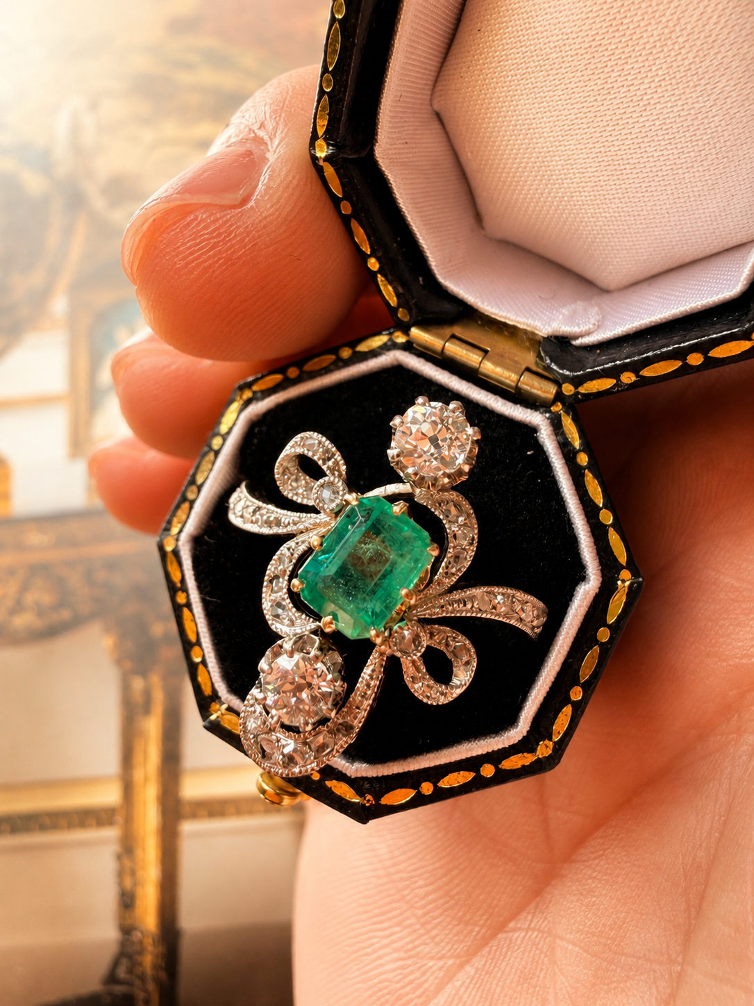 French antique 18K Gold Emerald Diamonds bow ring