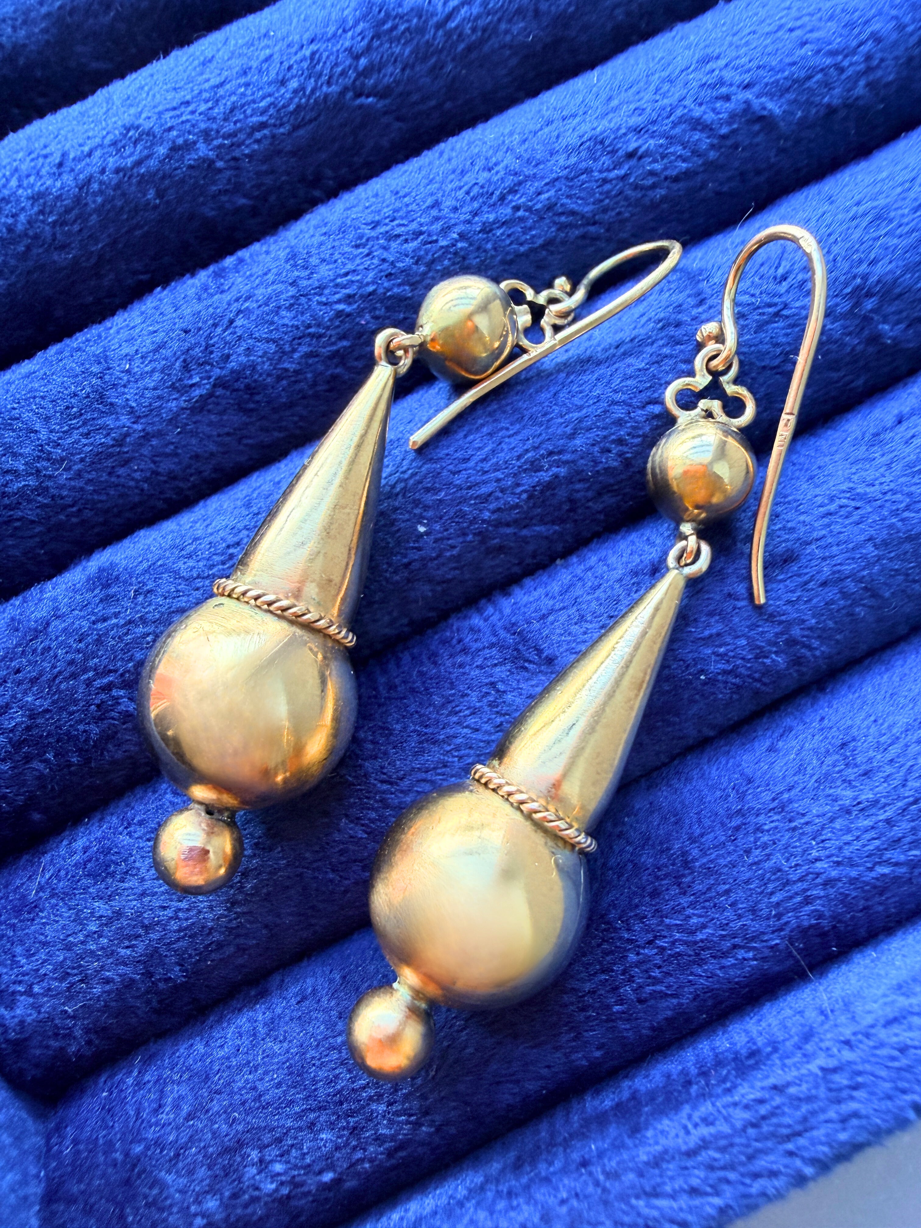 Victorian Etruscan Revival 9K gold Drop Earrings