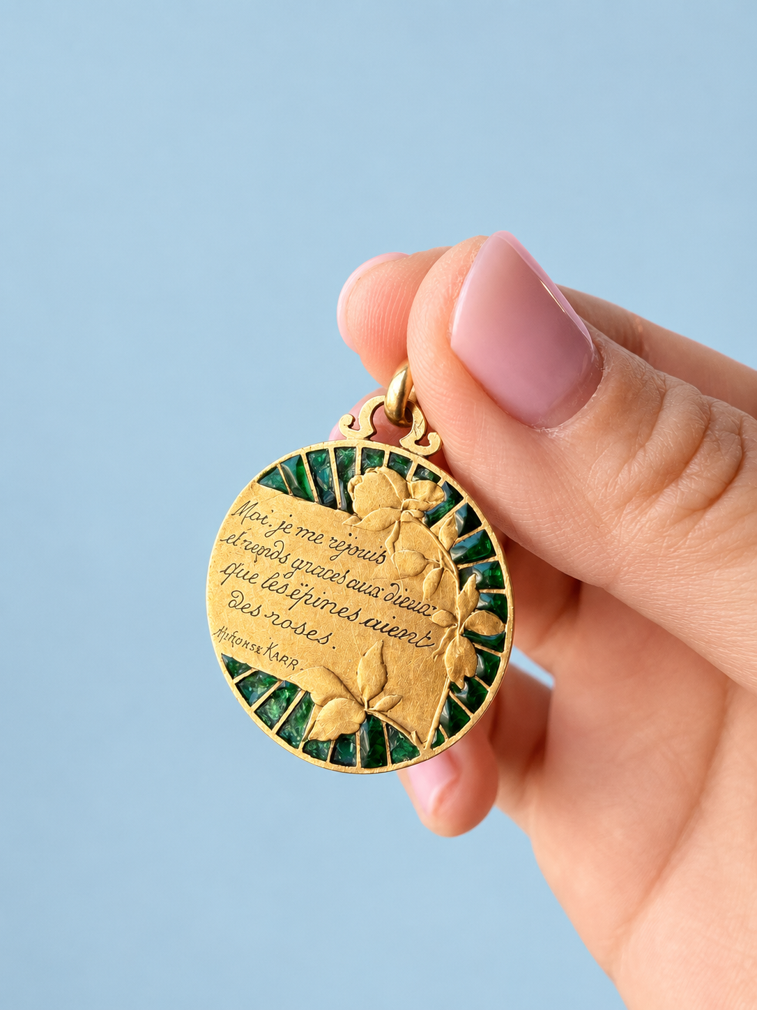 Rare French Art Nouveau 18K Gold Medal, verses from Alphonse Karr