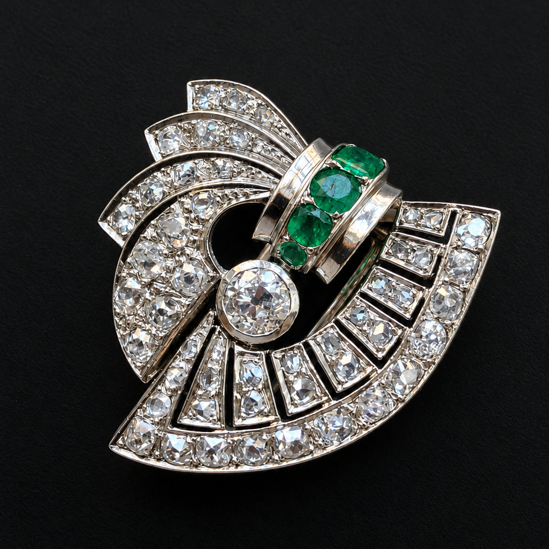 French Art Deco 18K gold Diamond & Emerald Clip Brooch