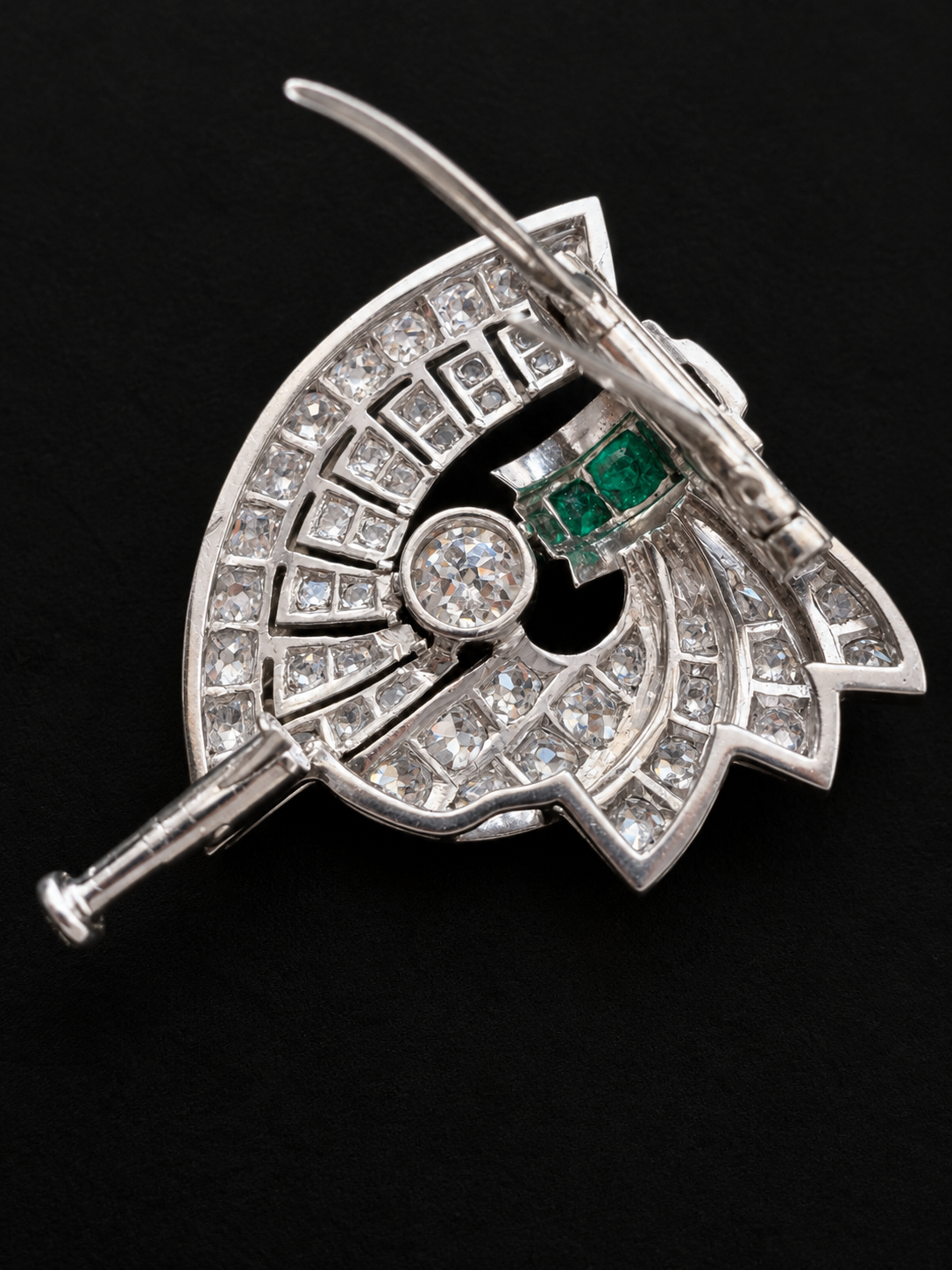 French Art Deco 18K gold Diamond & Emerald Clip Brooch
