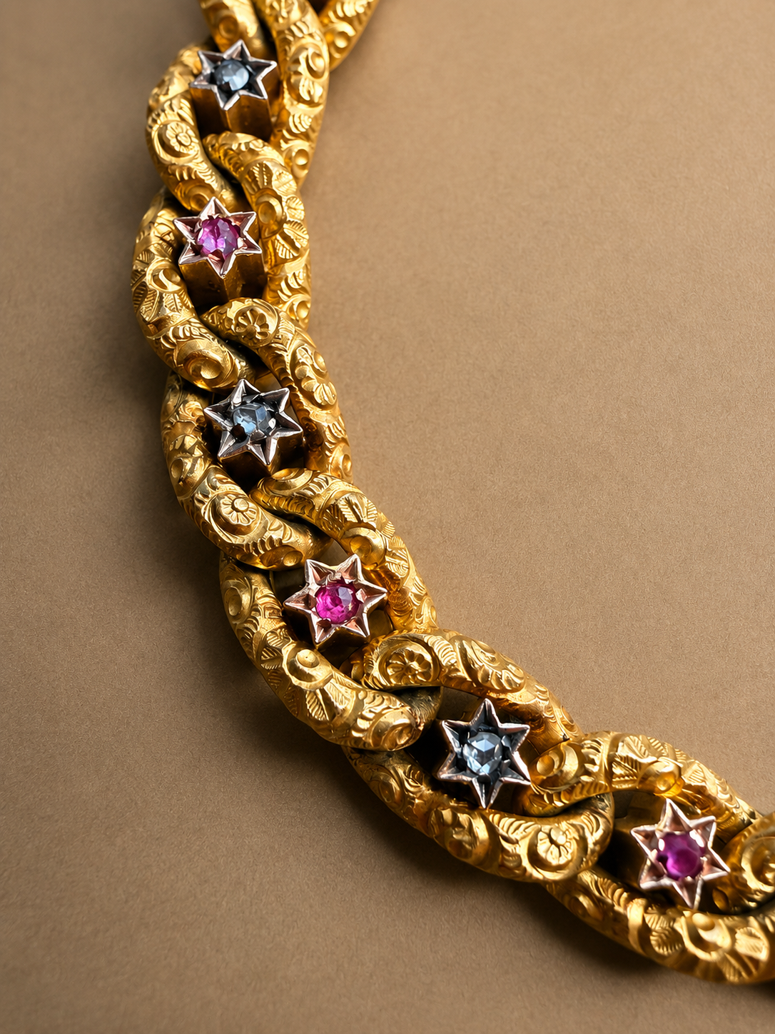 Antique 18K yellow gold star curb link bracelet