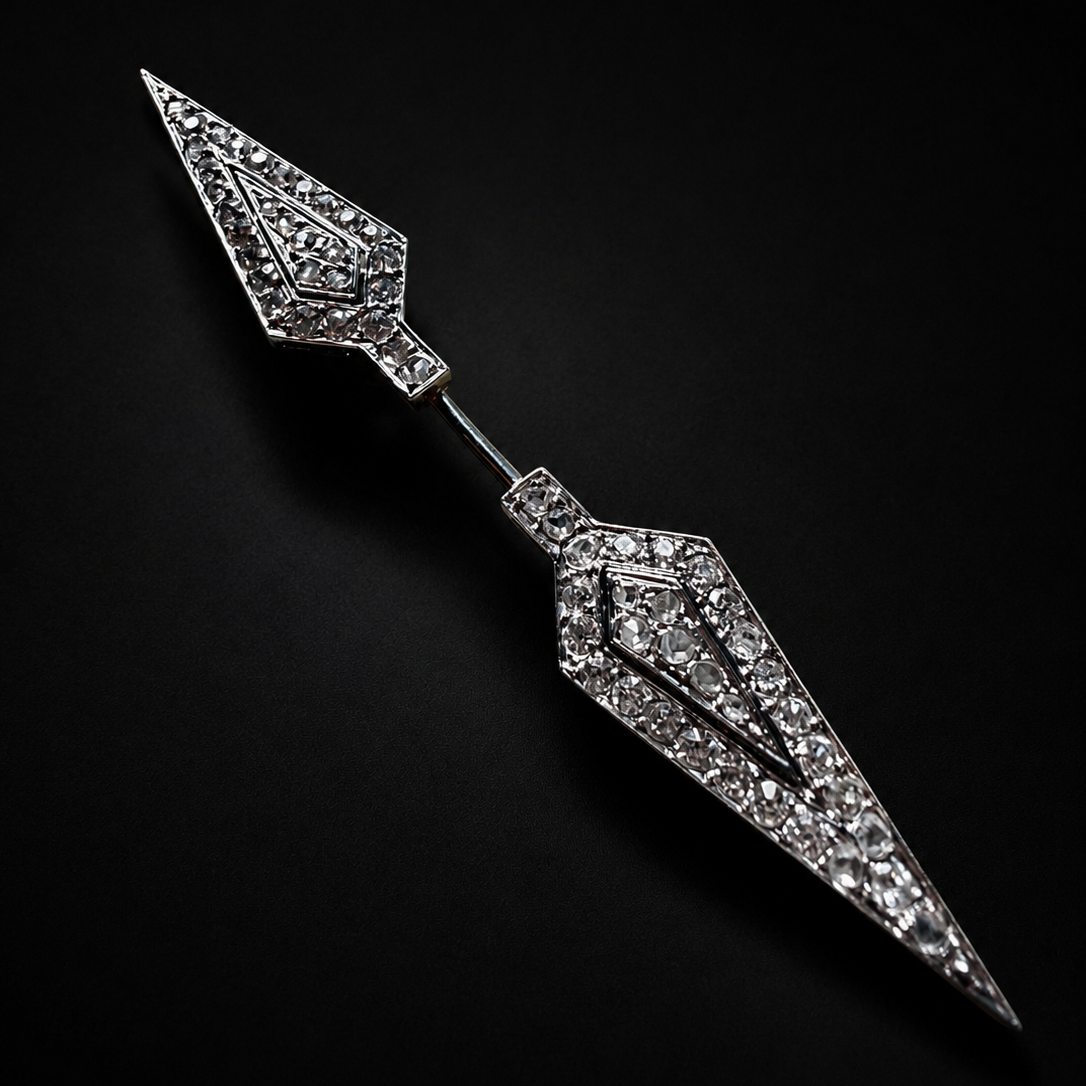 French Art Deco 18K gold diamond arrow jabot pin
