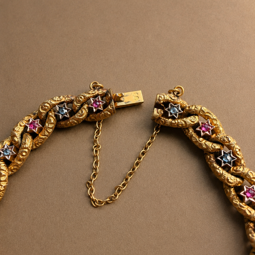Antique 18K yellow gold star curb link bracelet