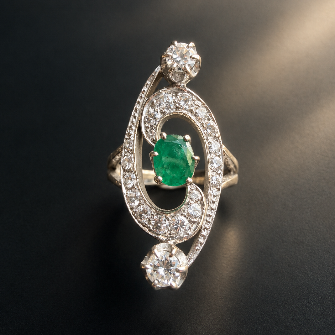 Antique French 18K gold emerald diamond ring