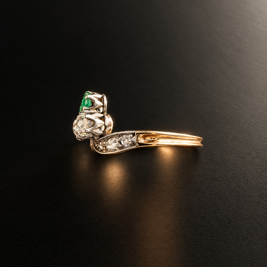 French Antique 18K Gold Emerald & Diamond Duchess Ring