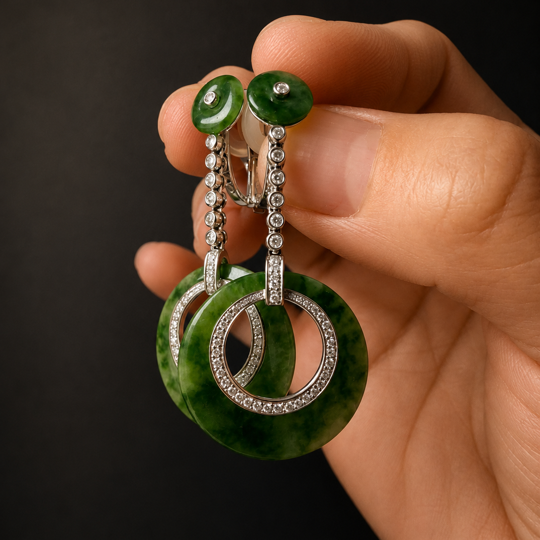 Art Deco 18K gold jade diamond drop earrings