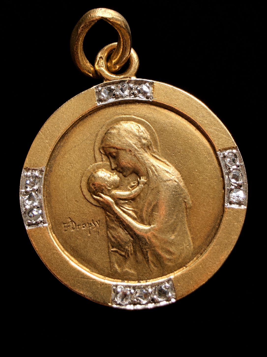 Antique French 18K Gold diamond religious medal, signed E. Dropsy