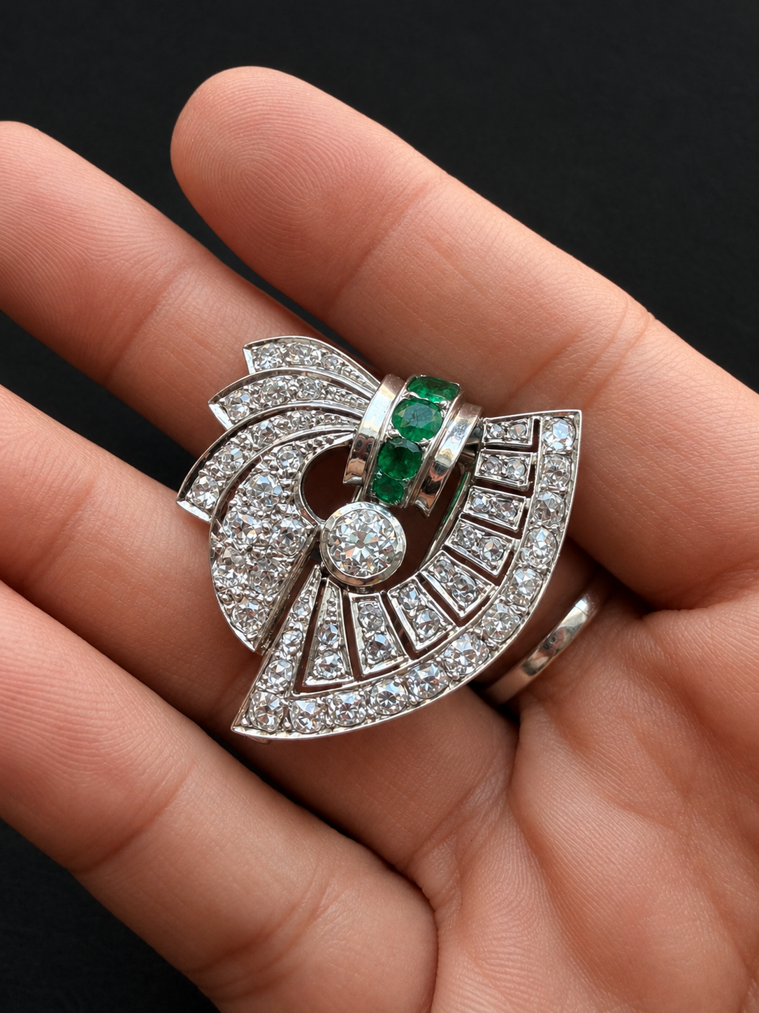 French Art Deco 18K gold Diamond & Emerald Clip Brooch