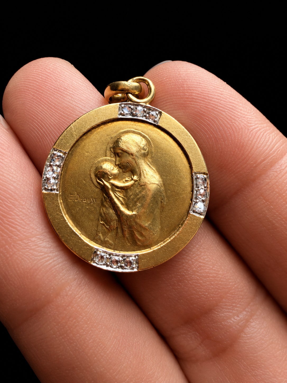 Antique French 18K Gold diamond religious medal, signed E. Dropsy