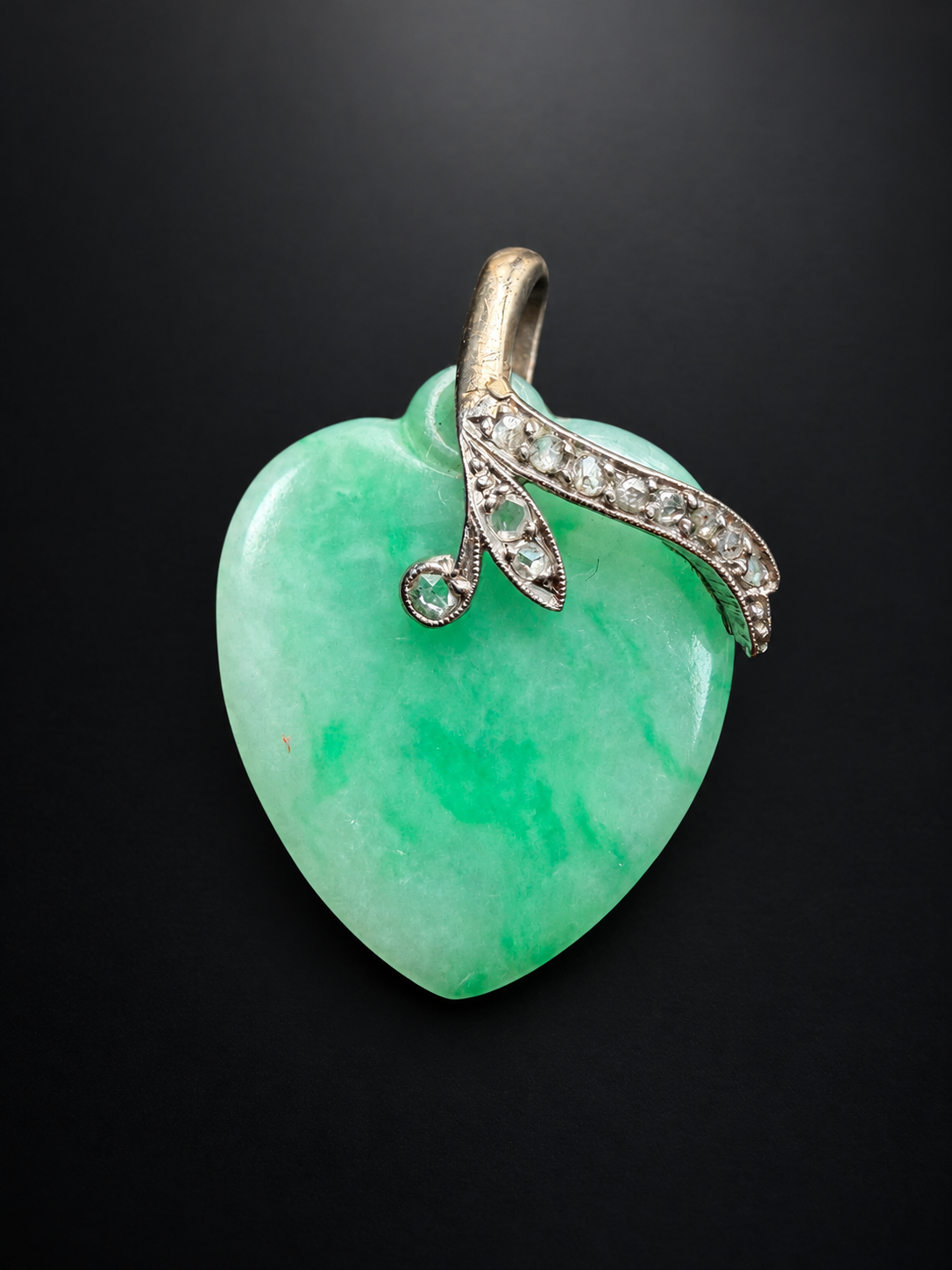 French antique 18K white gold jade diamond heart pendant