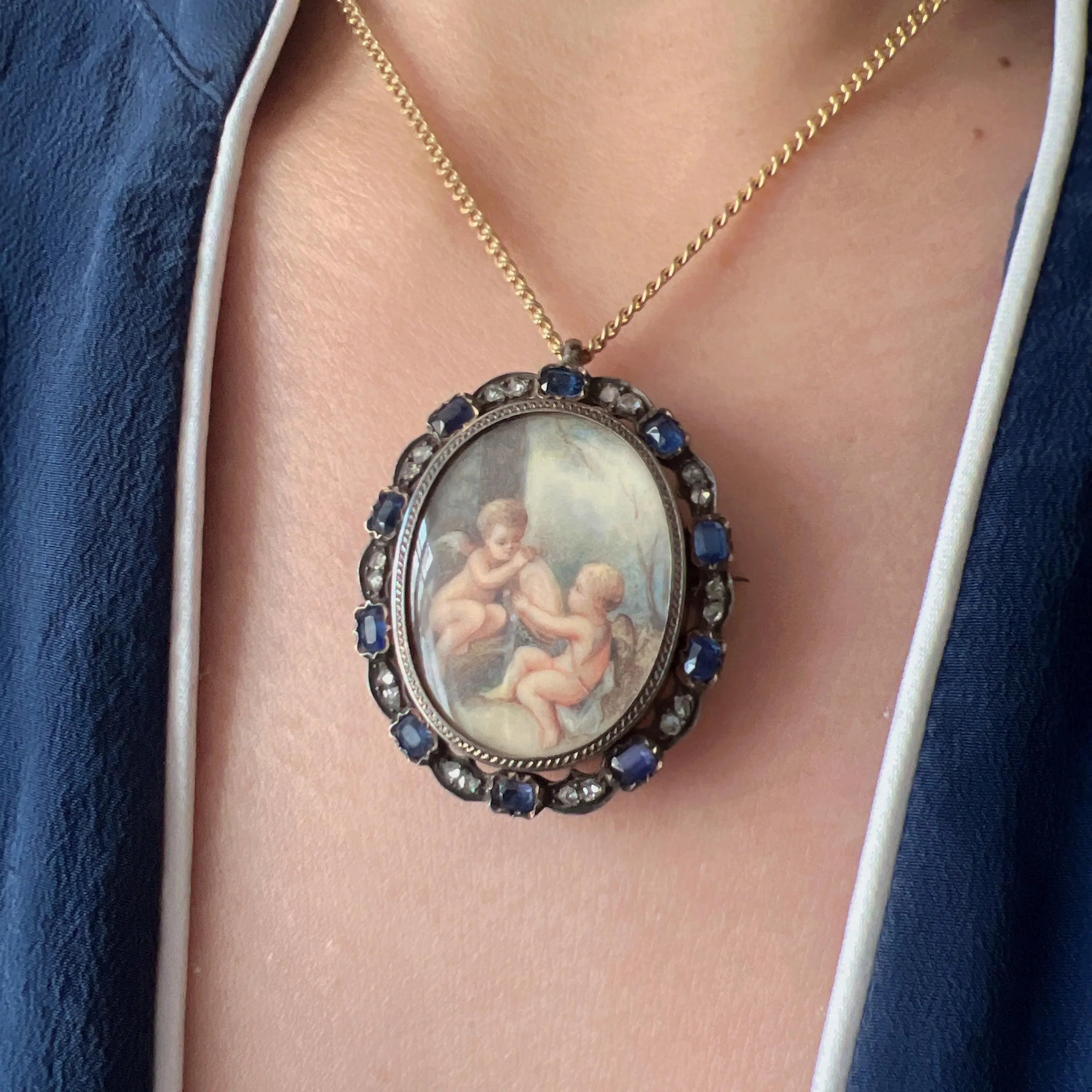 Victorian blue sapphire diamond miniature portrait pendant brooch - Curiously timeless
