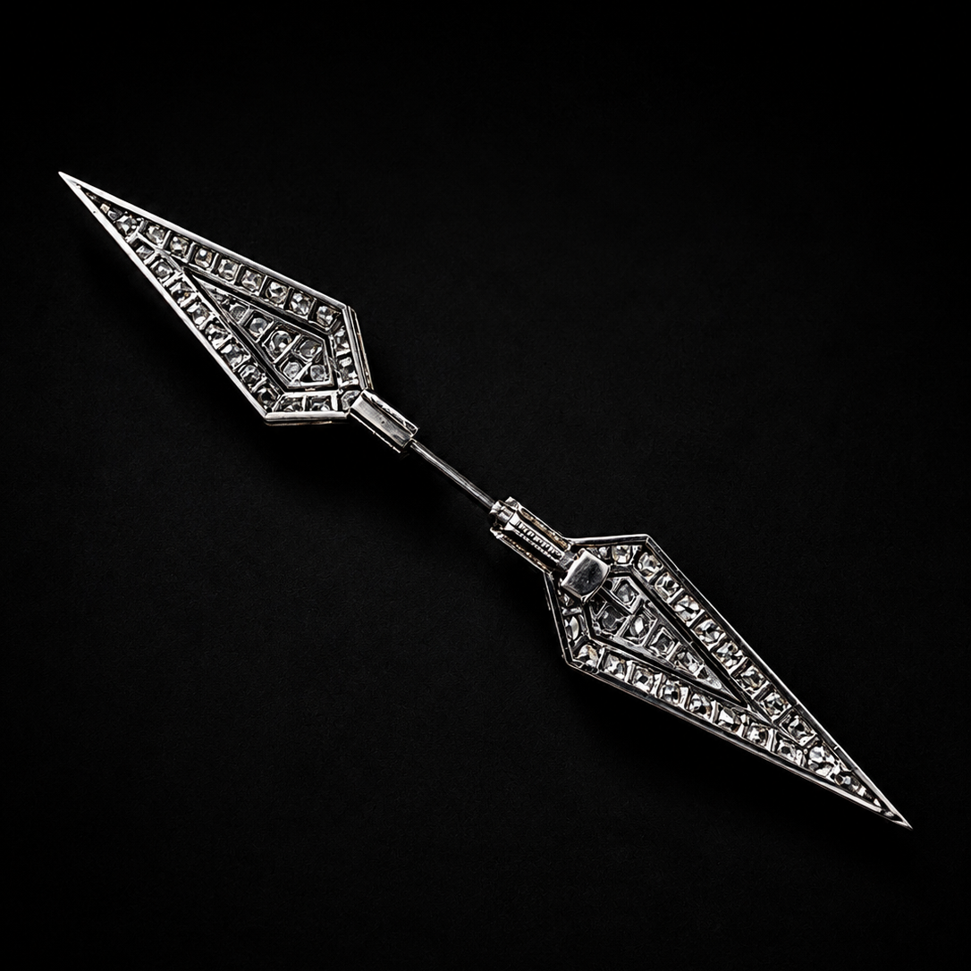 French Art Deco 18K gold diamond arrow jabot pin