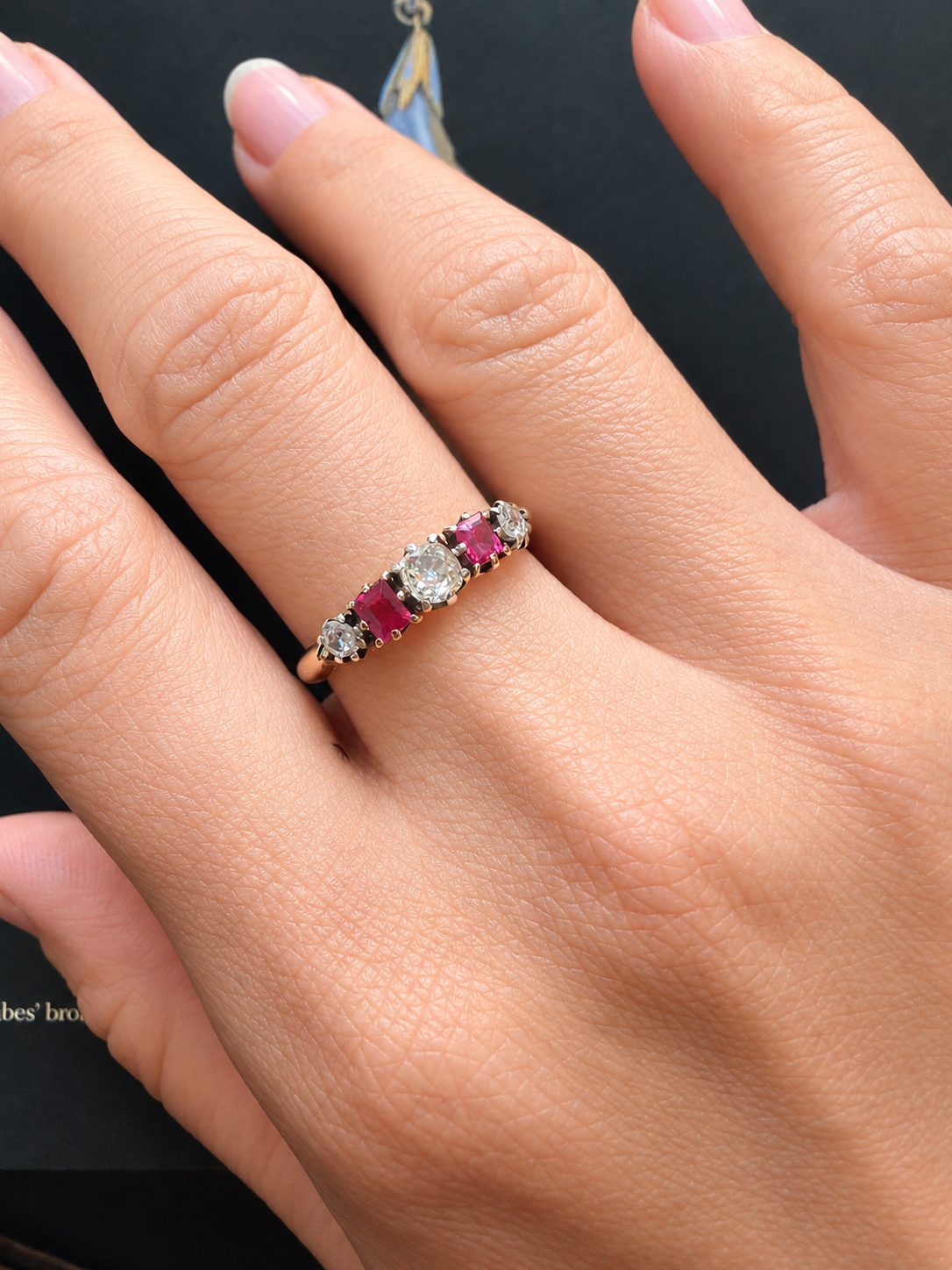 Antique French 18K Gold Diamonds & Rubies garter ring
