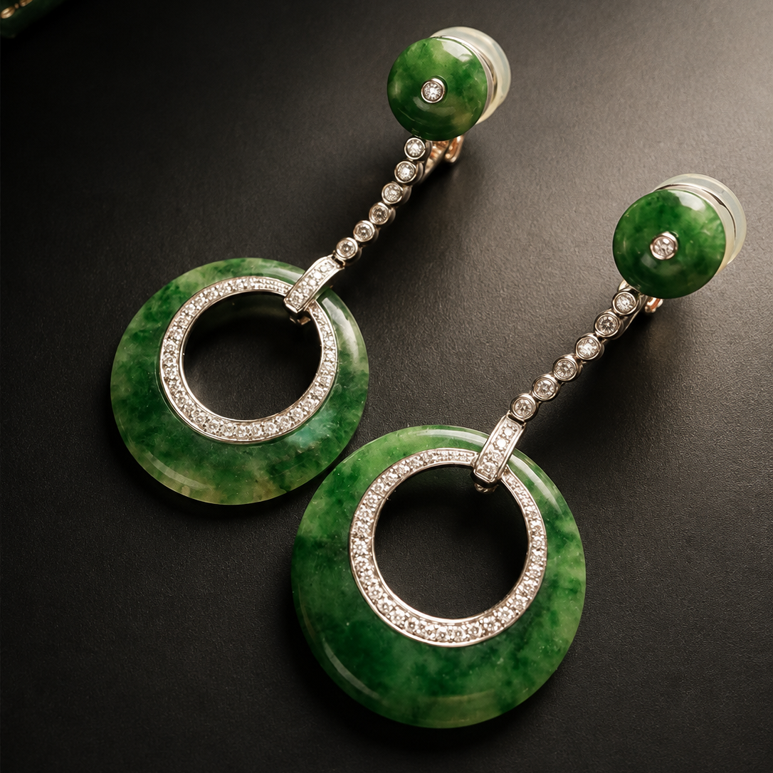 Art Deco 18K gold jade diamond drop earrings