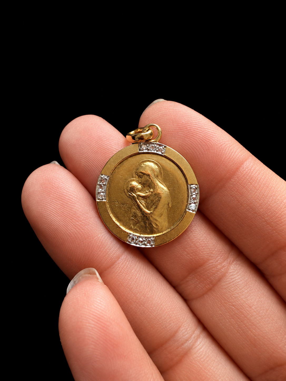Antique French 18K Gold diamond religious medal, signed E. Dropsy