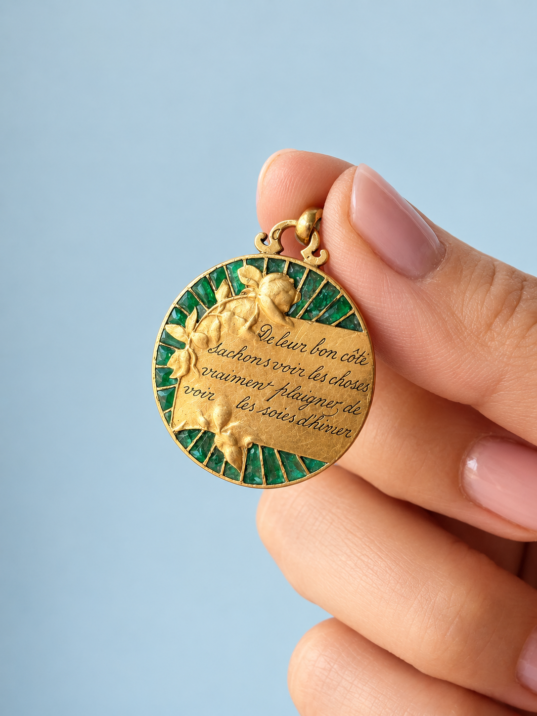 Rare French Art Nouveau 18K Gold Medal, verses from Alphonse Karr