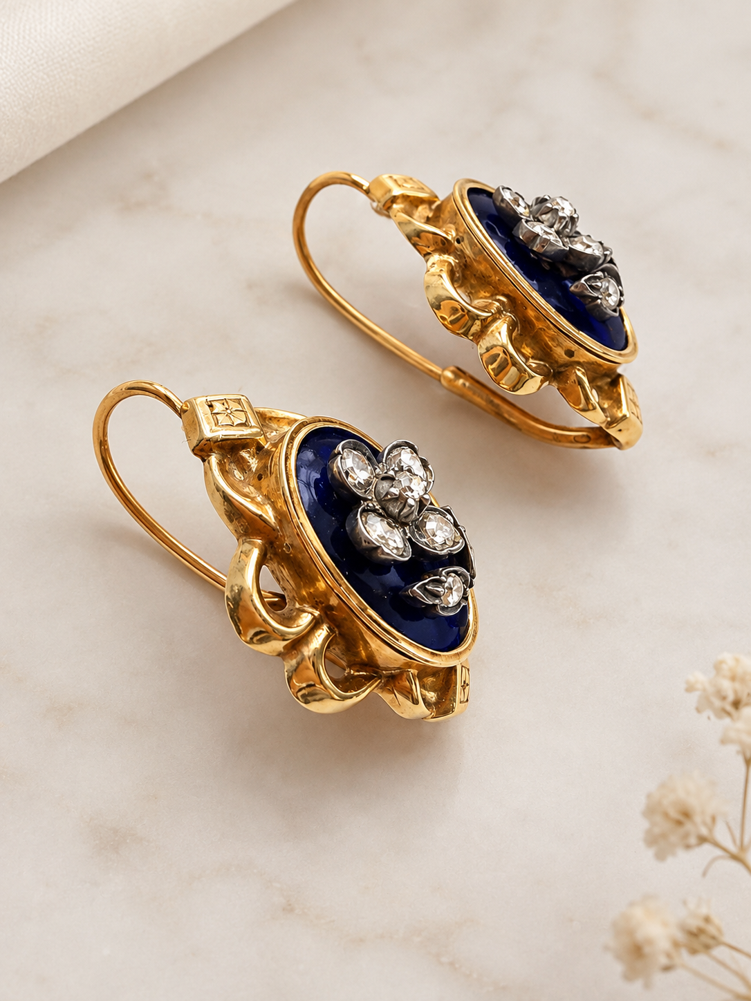 Victorian 18K Gold blue enamel diamond flower earrings