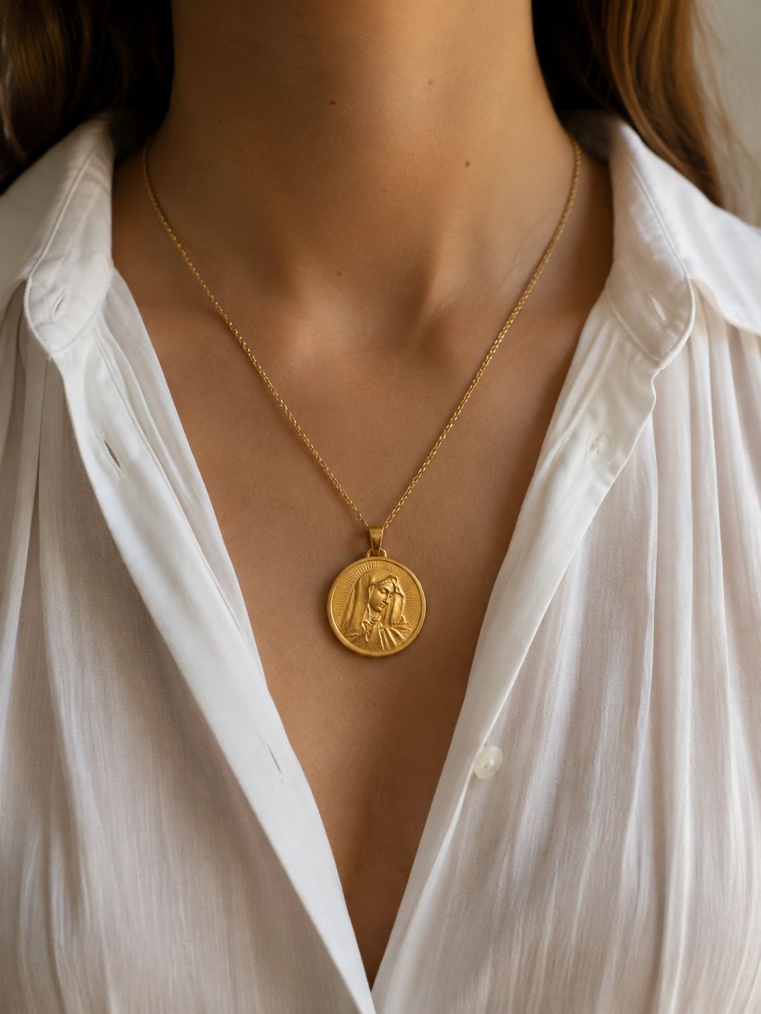 Antique French 18K Gold Virgin Mary Medal Pendant