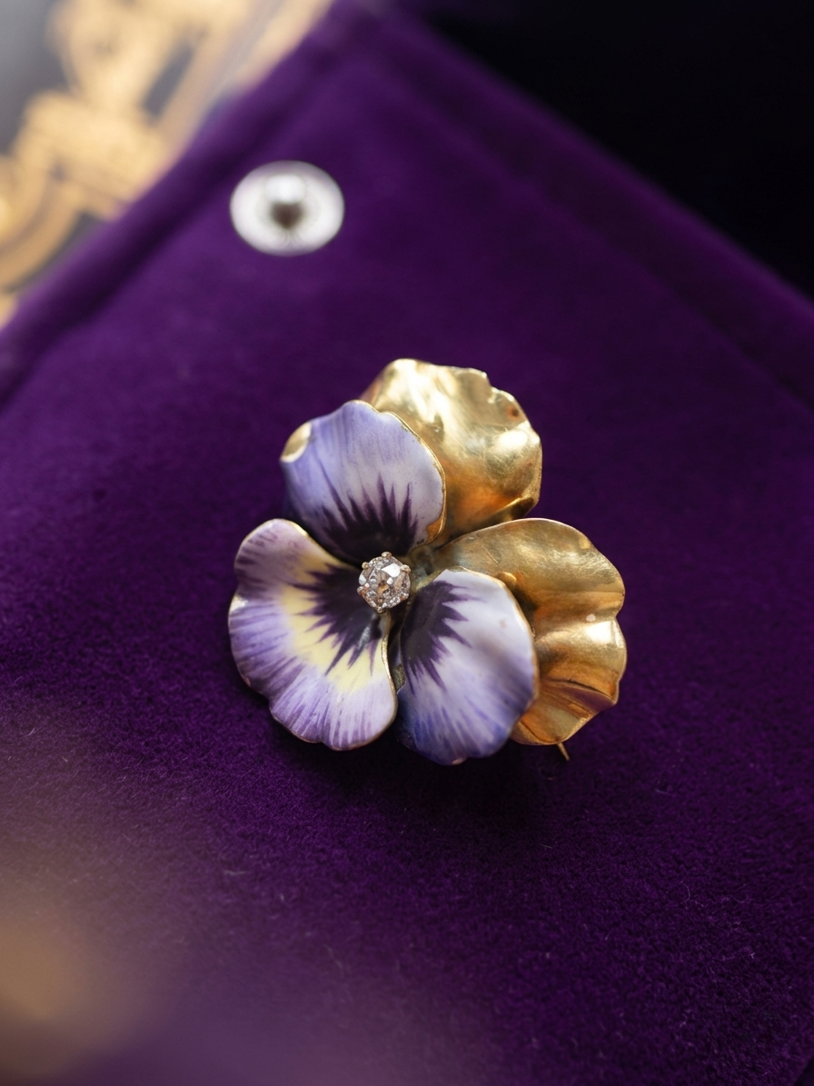 Victorian 18K gold enamel diamond pansy flower brooch