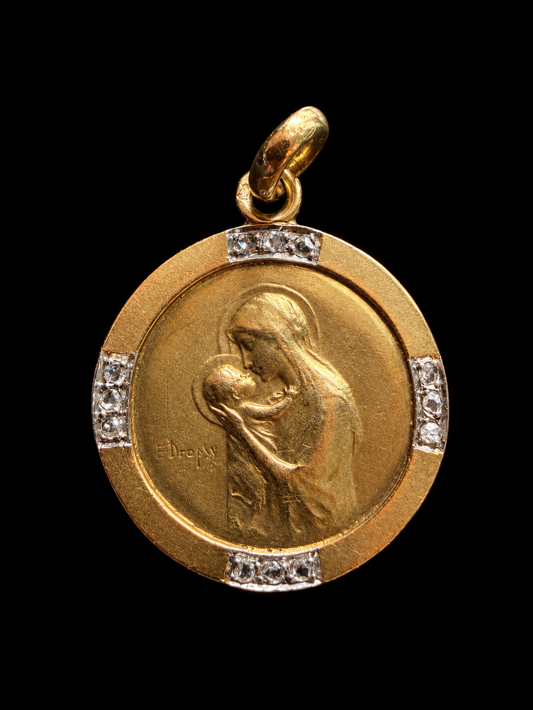 Antique French 18K Gold diamond religious medal, signed E. Dropsy