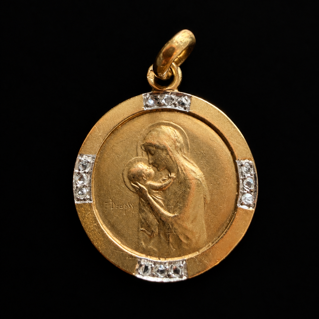 Antique French 18K Gold diamond religious medal, signed E. Dropsy
