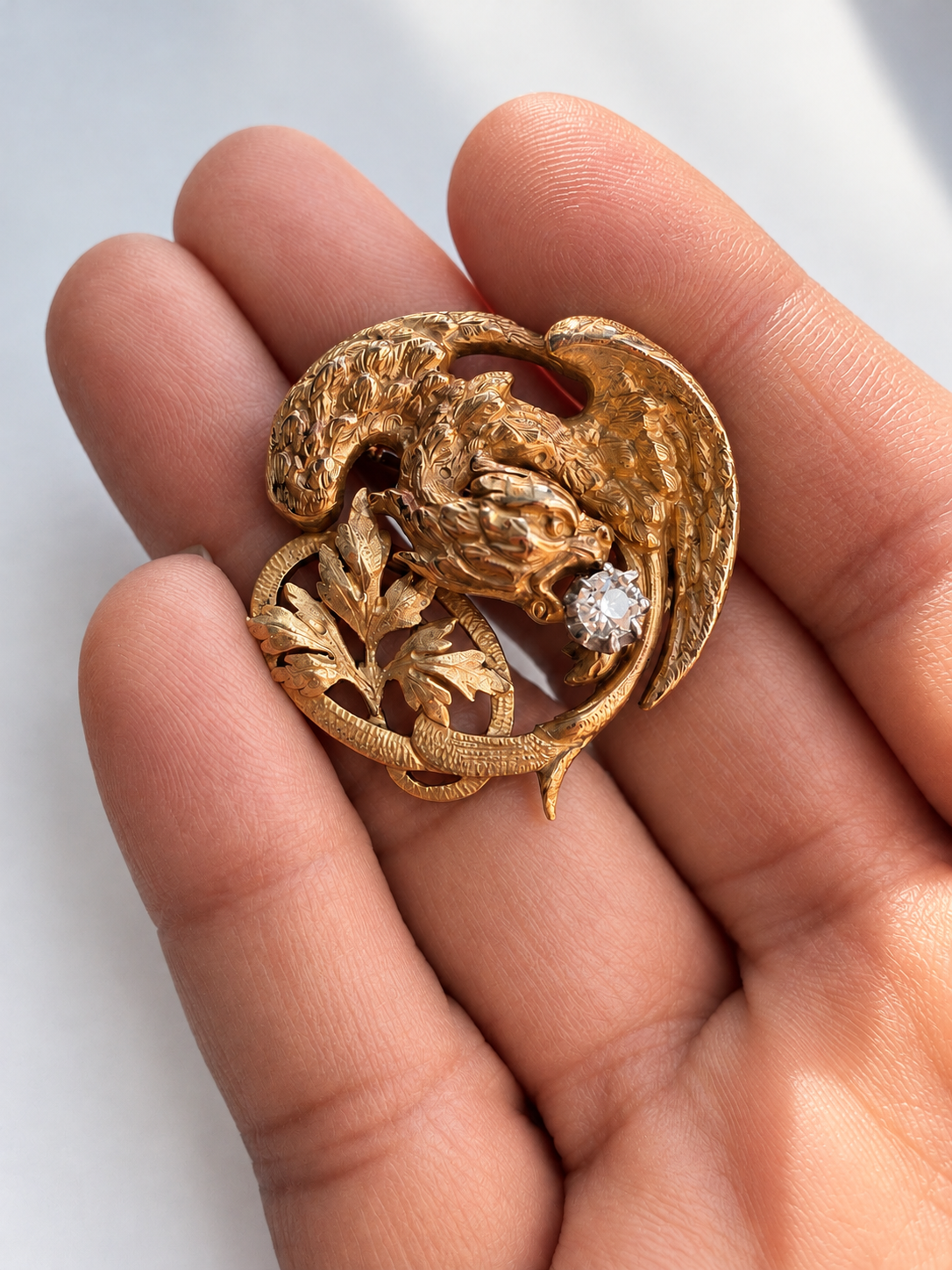 French Art Nouveau 18K gold diamond chimera brooch