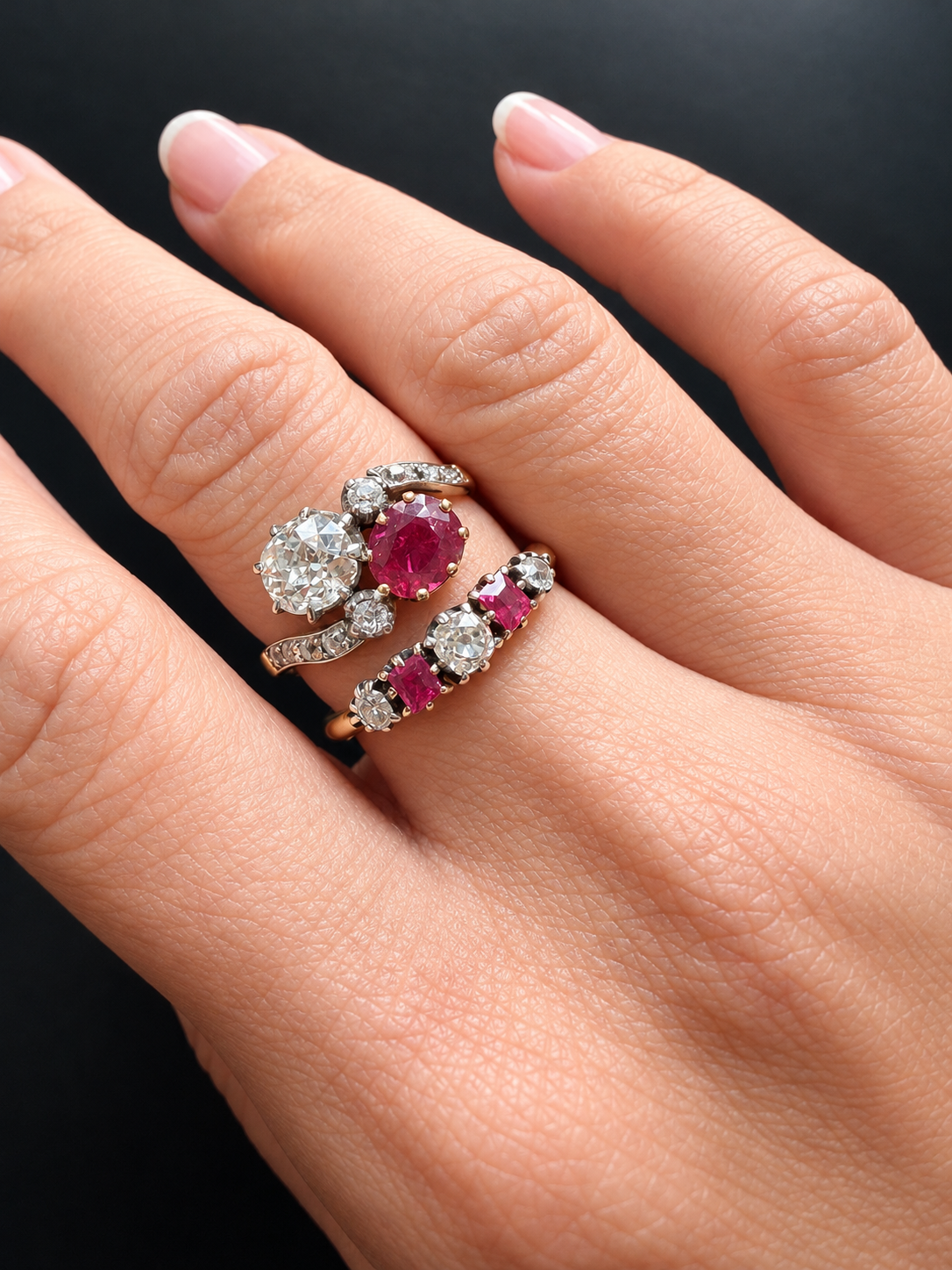 Antique French 18K Gold Diamonds & Rubies garter ring