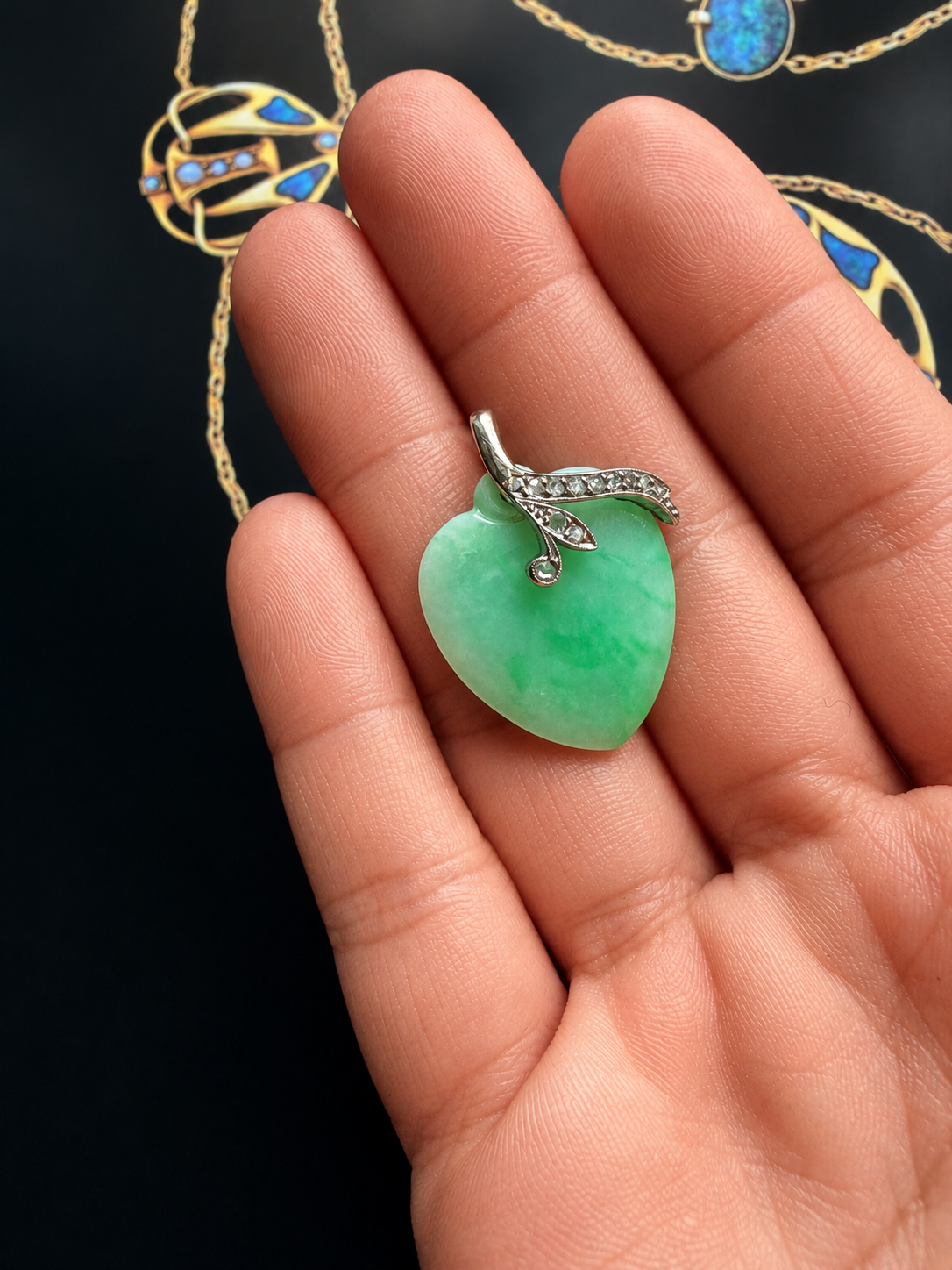 French antique 18K white gold jade diamond heart pendant