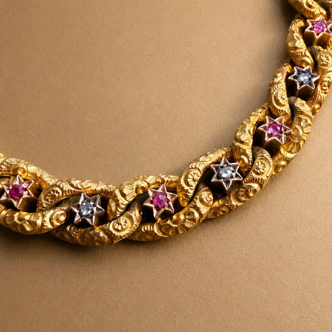 Antique 18K yellow gold star curb link bracelet