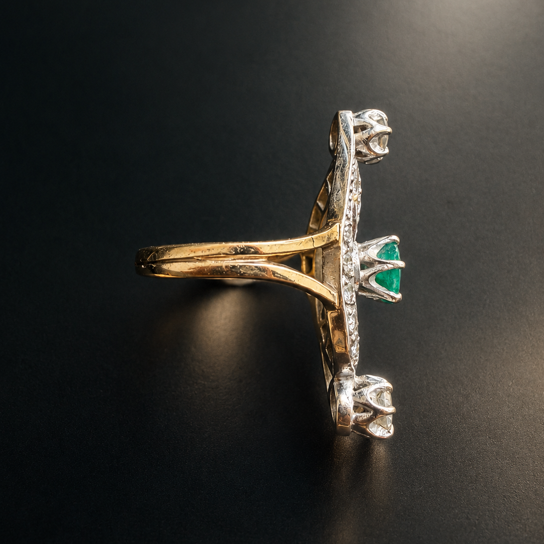 Antique French 18K gold emerald diamond ring