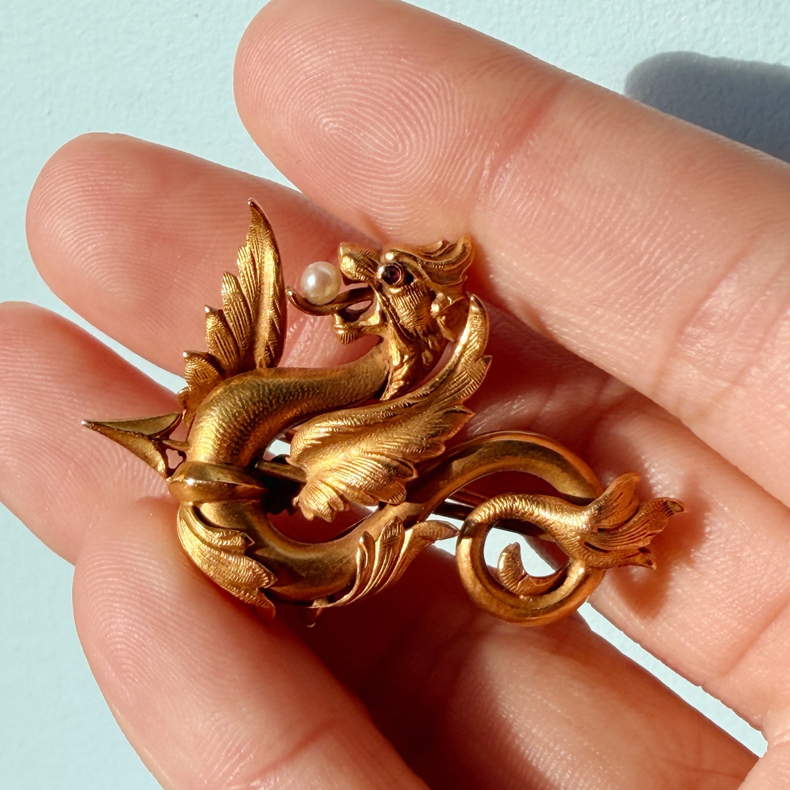 French Art Nouveau 18K Gold Chimera Brooch