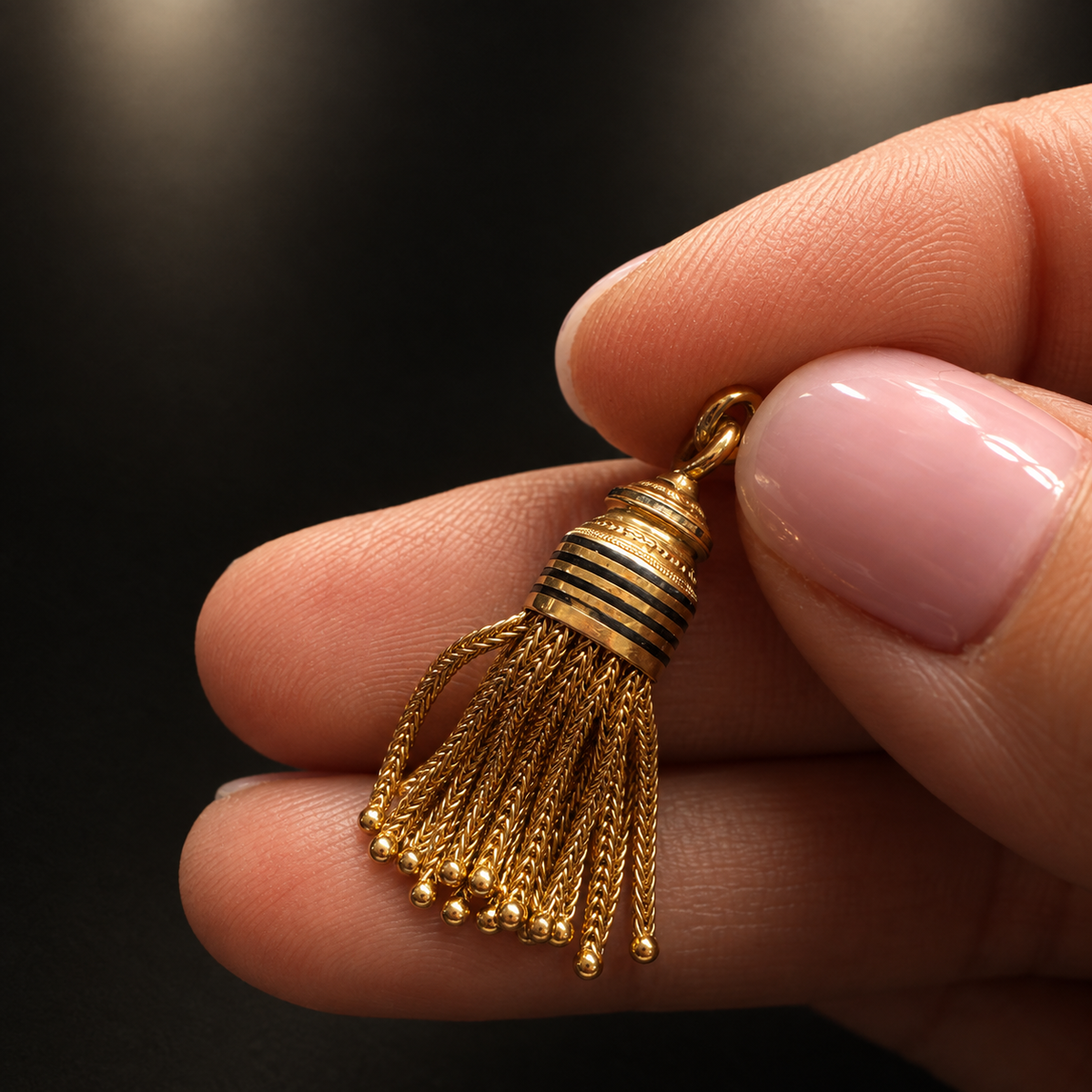 French antique 18K gold black enamel tassel pendant