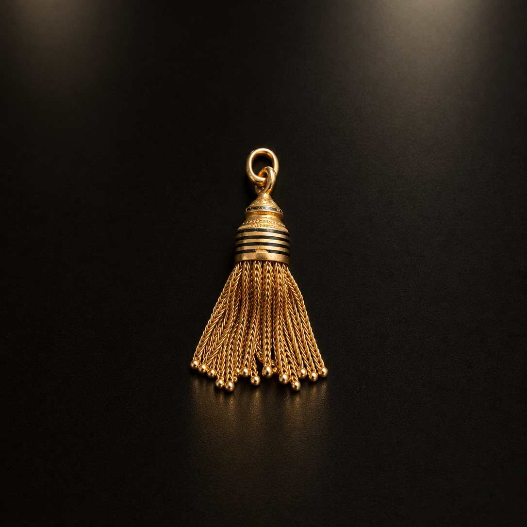 French antique 18K gold black enamel tassel pendant