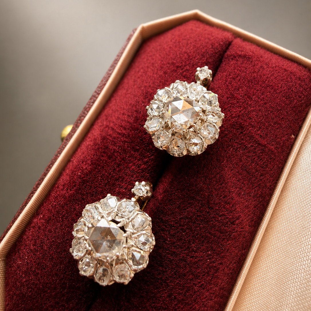 Victorian era 18K gold 3.5ct rose cut diamond earrings