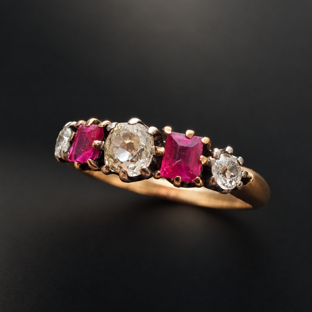 Antique French 18K Gold Diamonds & Rubies garter ring