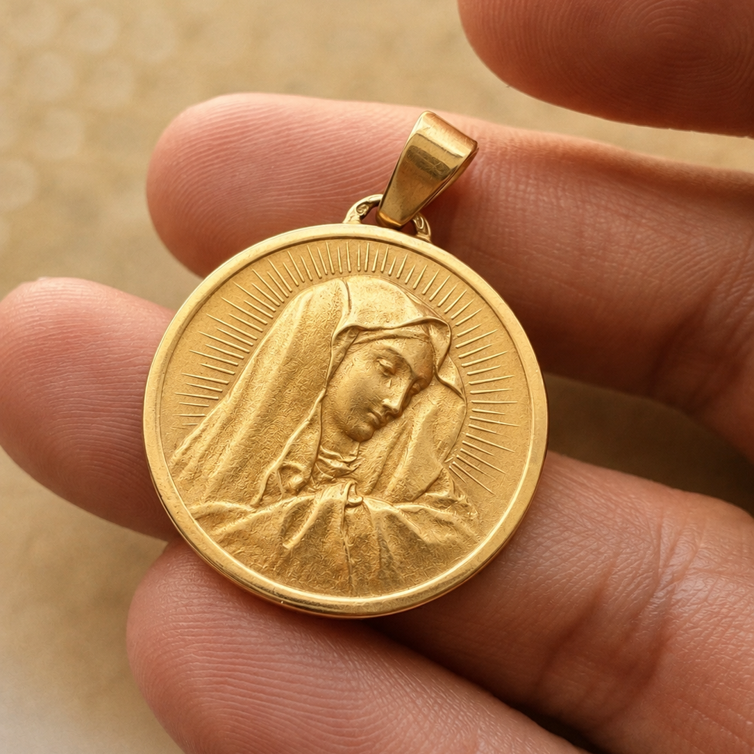 Antique French 18K Gold Virgin Mary Medal Pendant