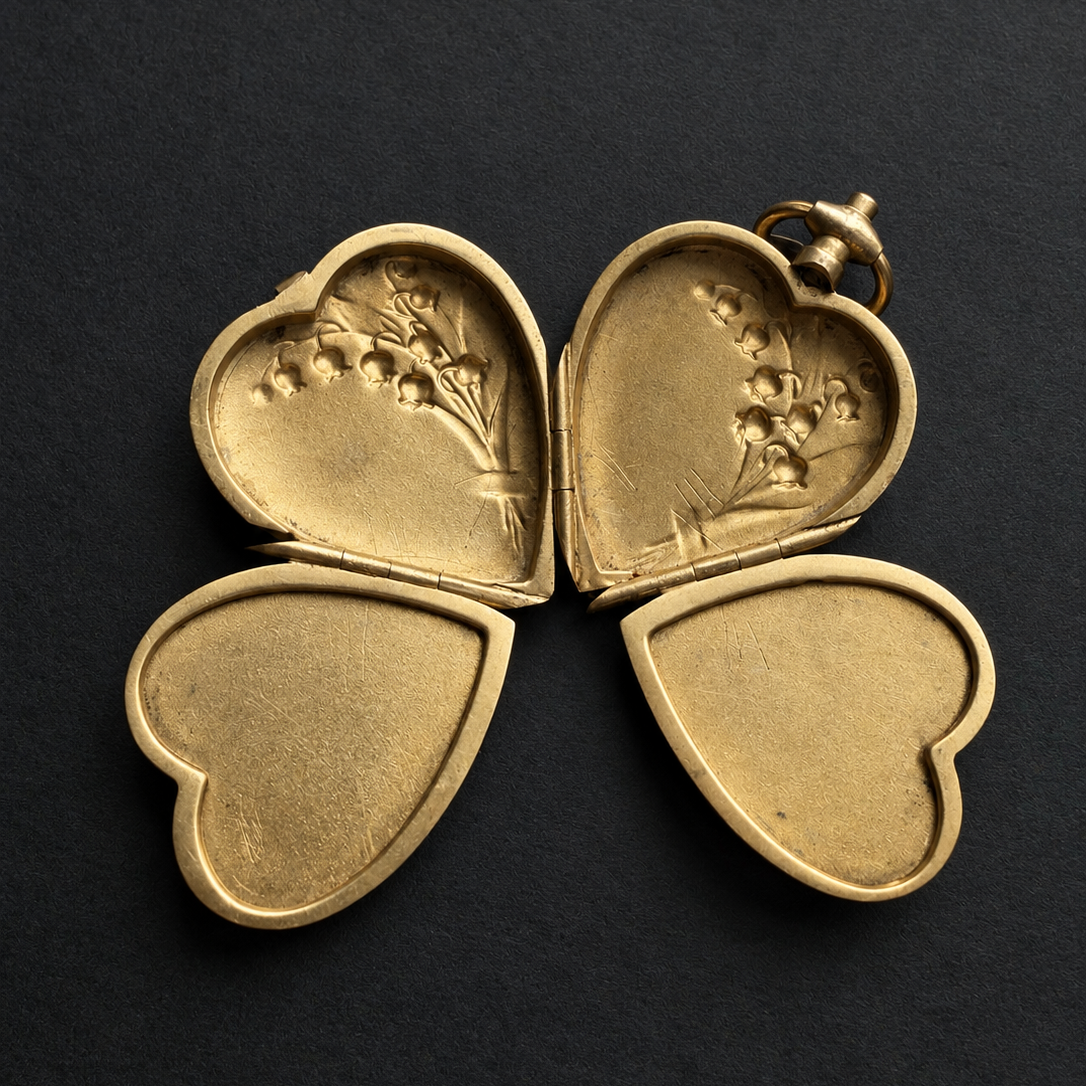 Antique 18K Gold Heart Locket with lily-of-the-valley flowers