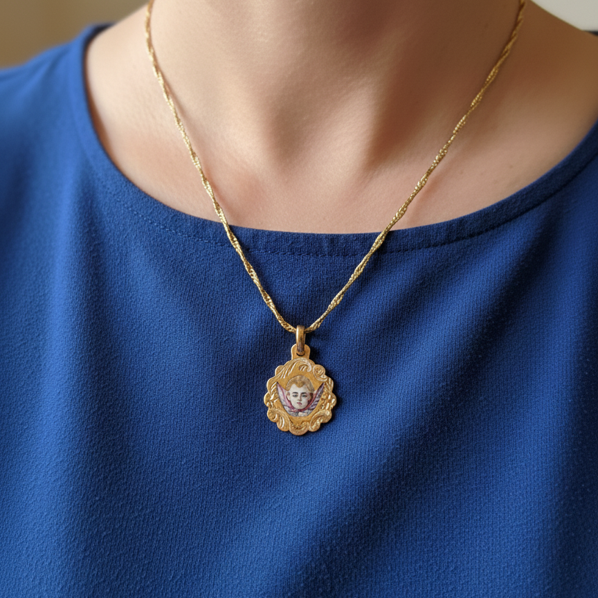 Victorian era 18K gold enameled angel cherub medal pendant