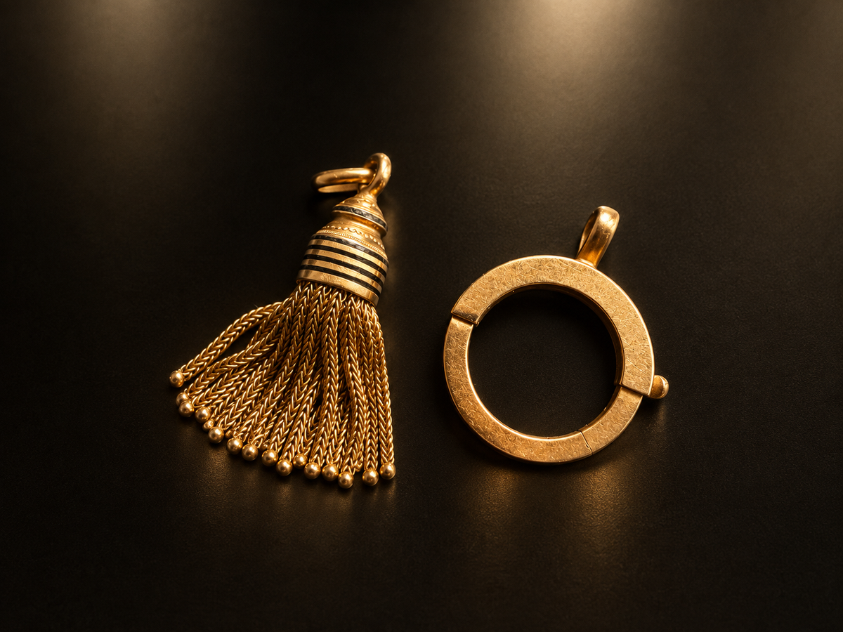 French antique 18K gold black enamel tassel pendant