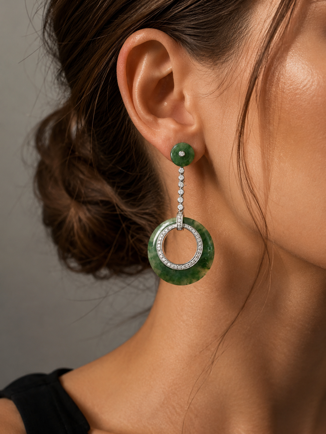 Art Deco 18K gold jade diamond drop earrings