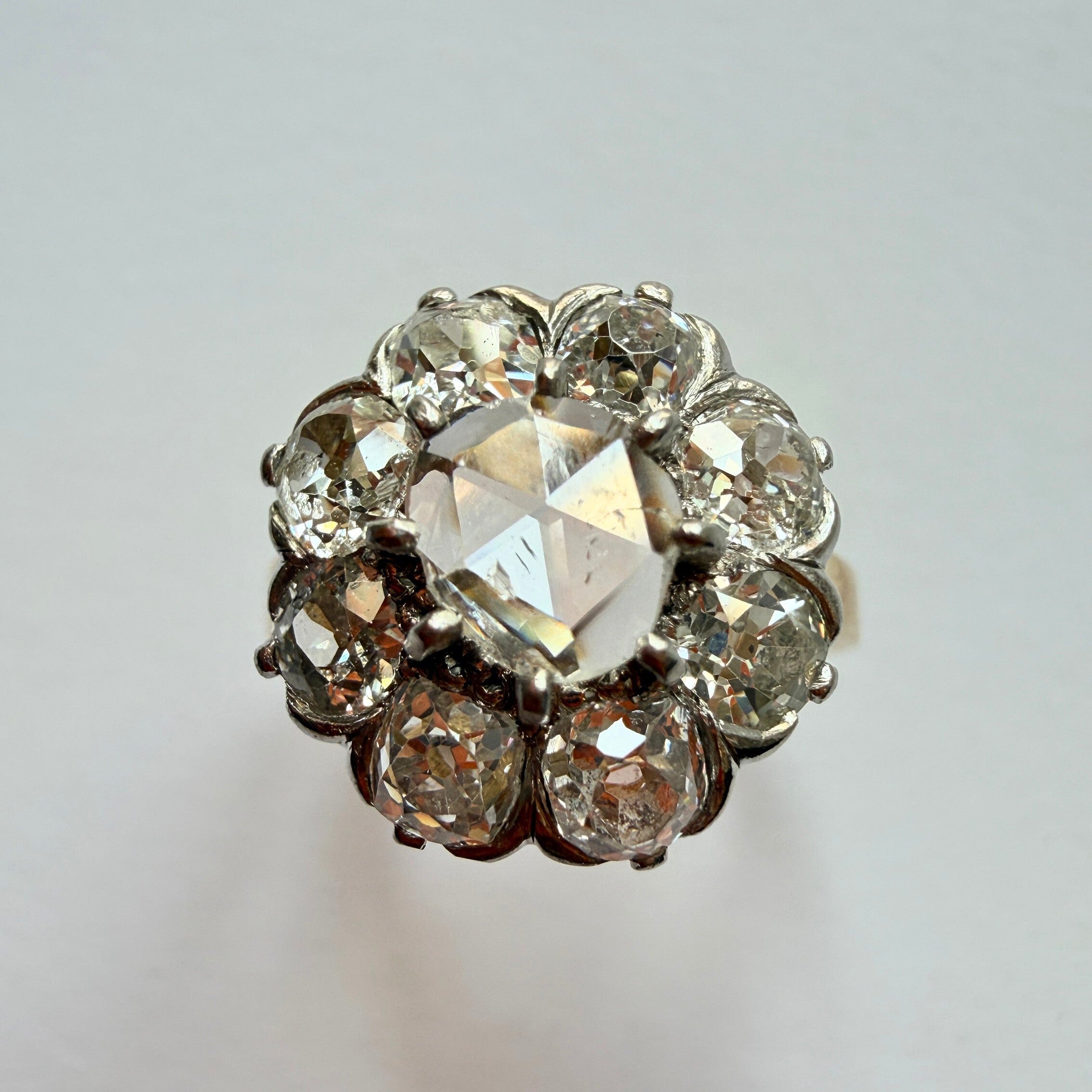 Antique French 18K gold rose & OMC cut diamond cluster ring