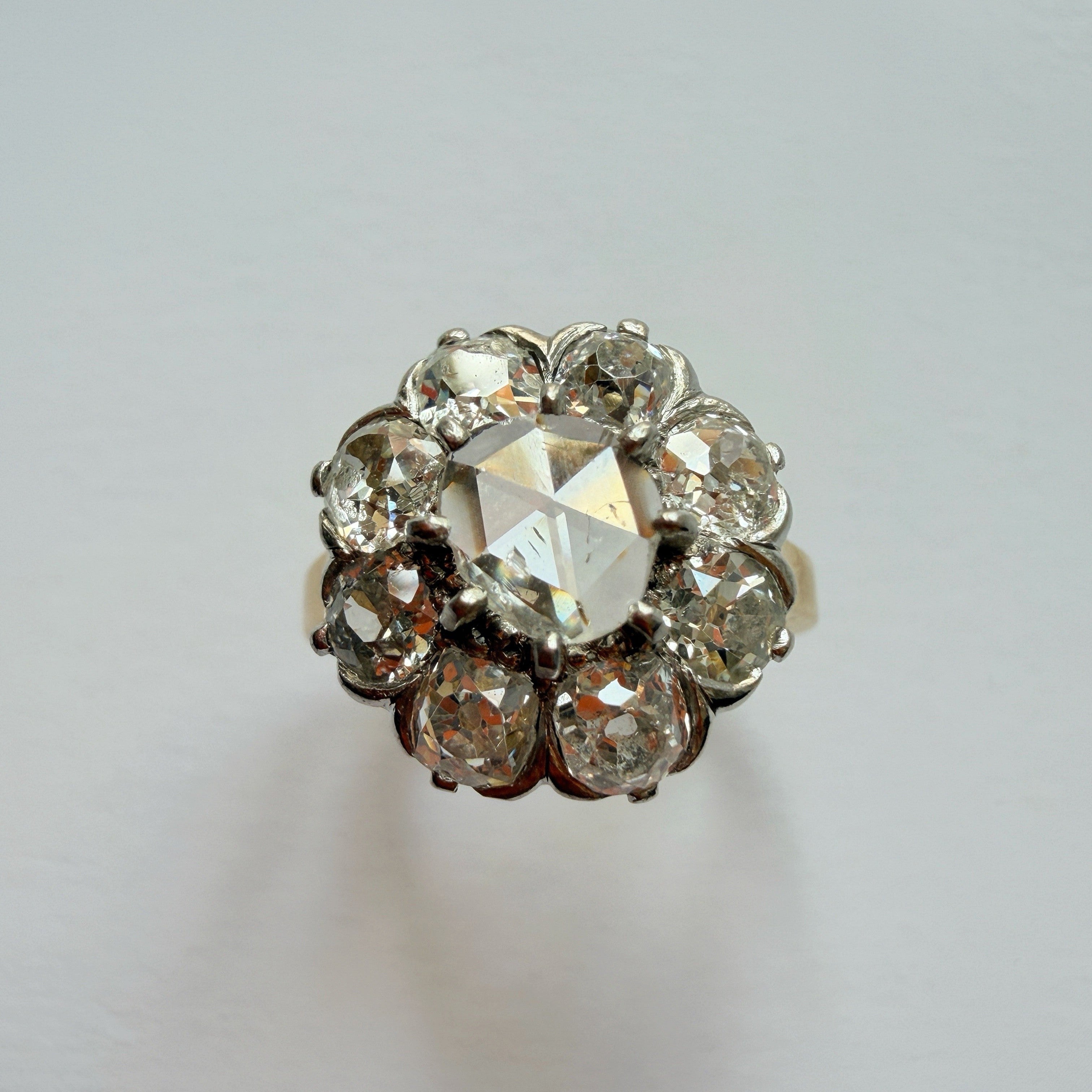Antique French 18K gold rose & OMC cut diamond cluster ring