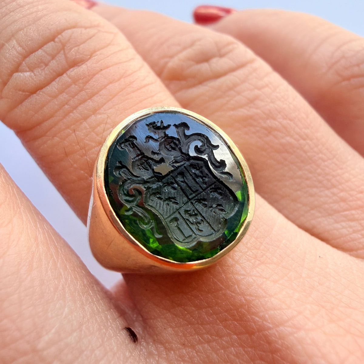 French Antique solid 18K Gold Peridot Signet Ring