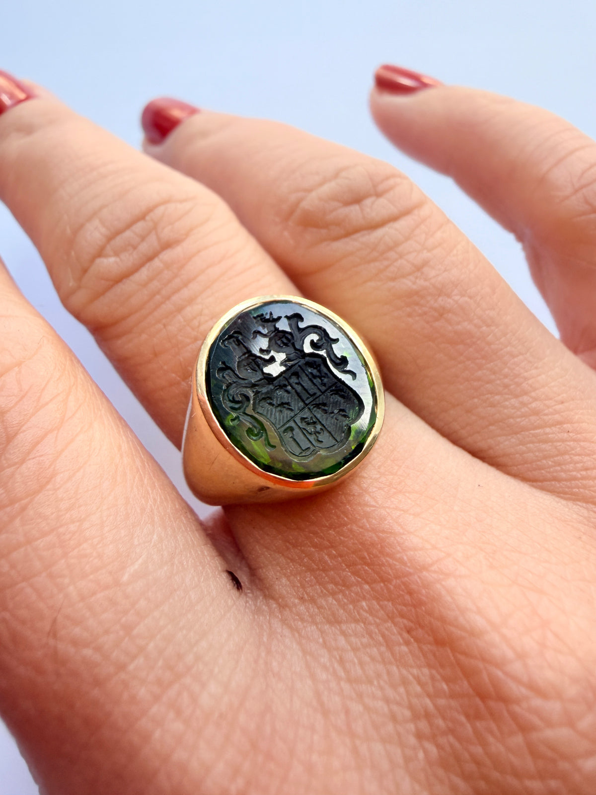 French Antique solid 18K Gold Peridot Signet Ring