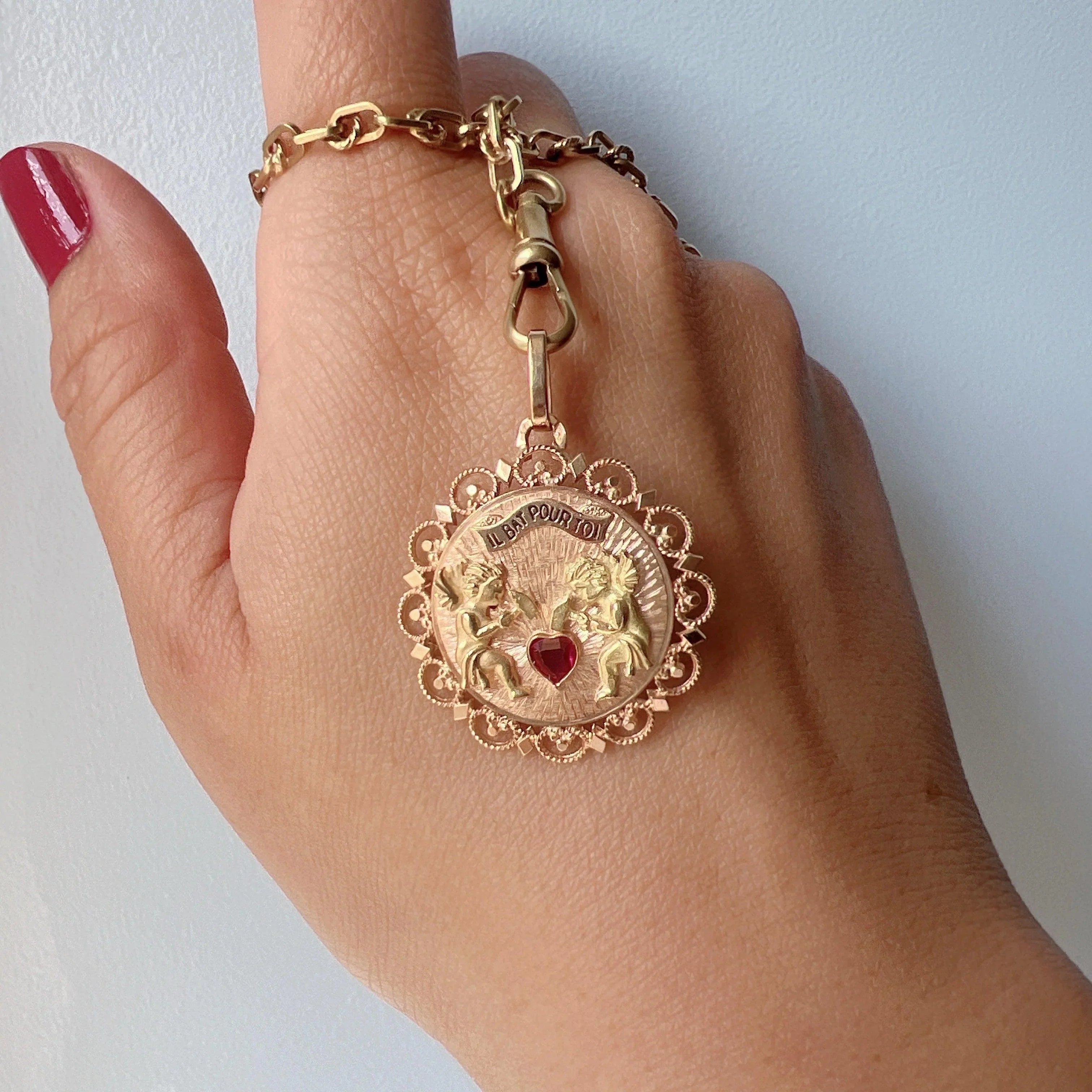 French 18K gold “my heart beats for you” articulated medal pendant - Curiously timeless