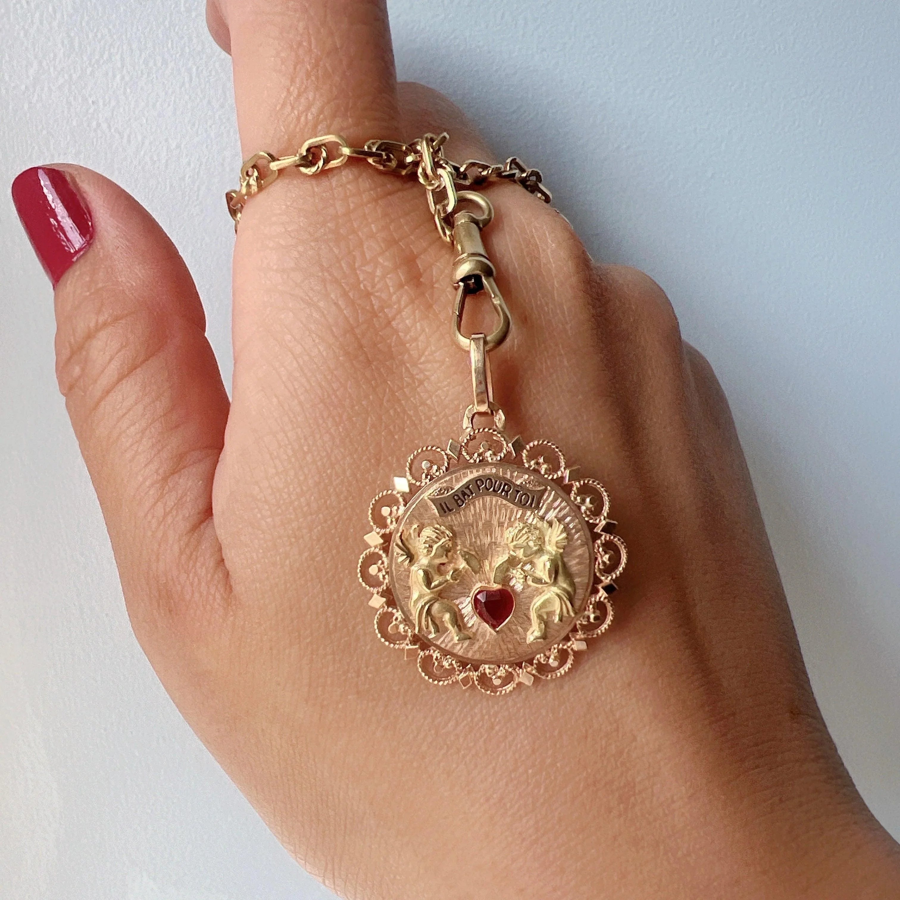 French 18K gold “my heart beats for you” articulated medal pendant - Curiously timeless