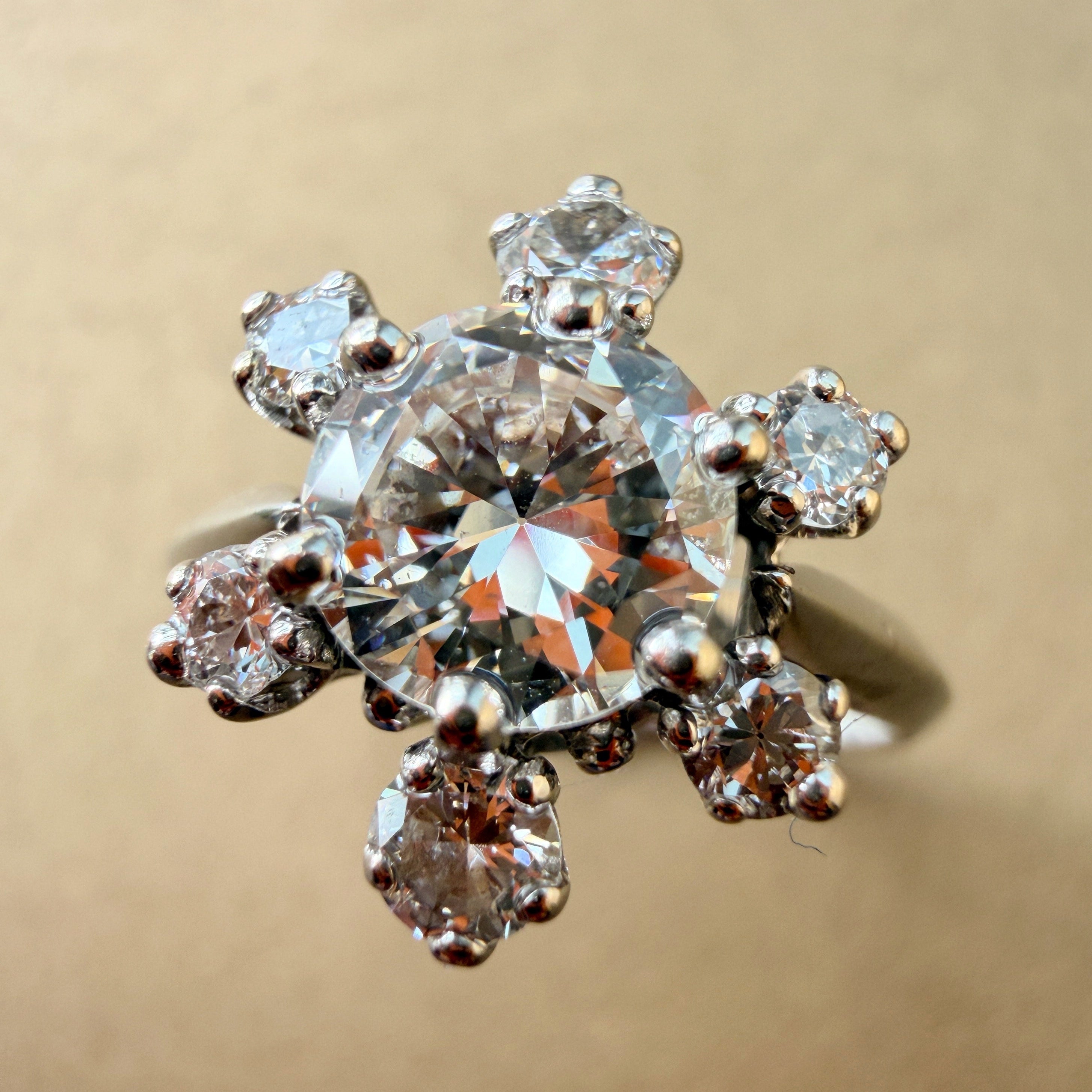 Vintage 18K gold snow flake old mine cut diamond ring