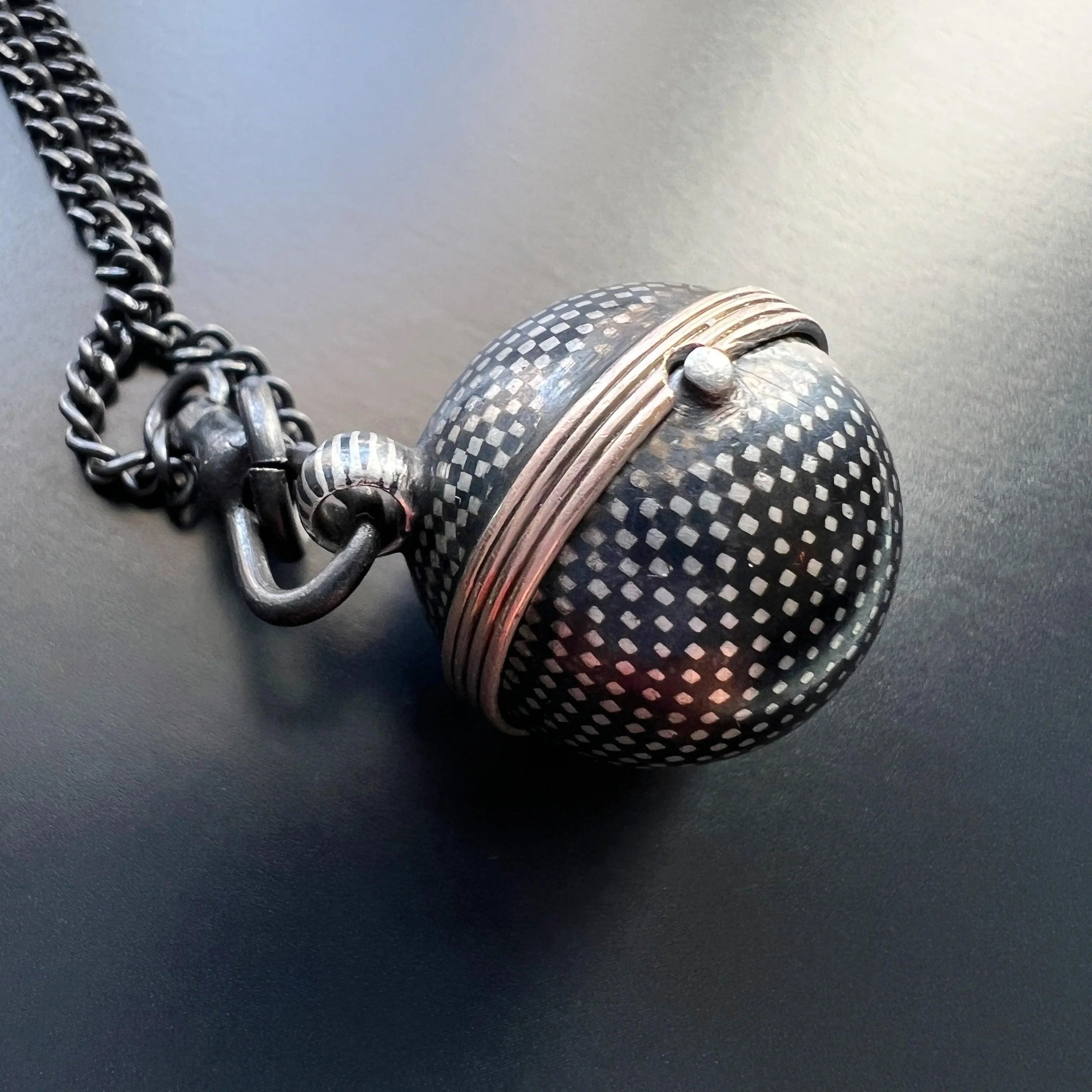 Victorian Niello Silver Orb Locket Pendant - Curiously timeless