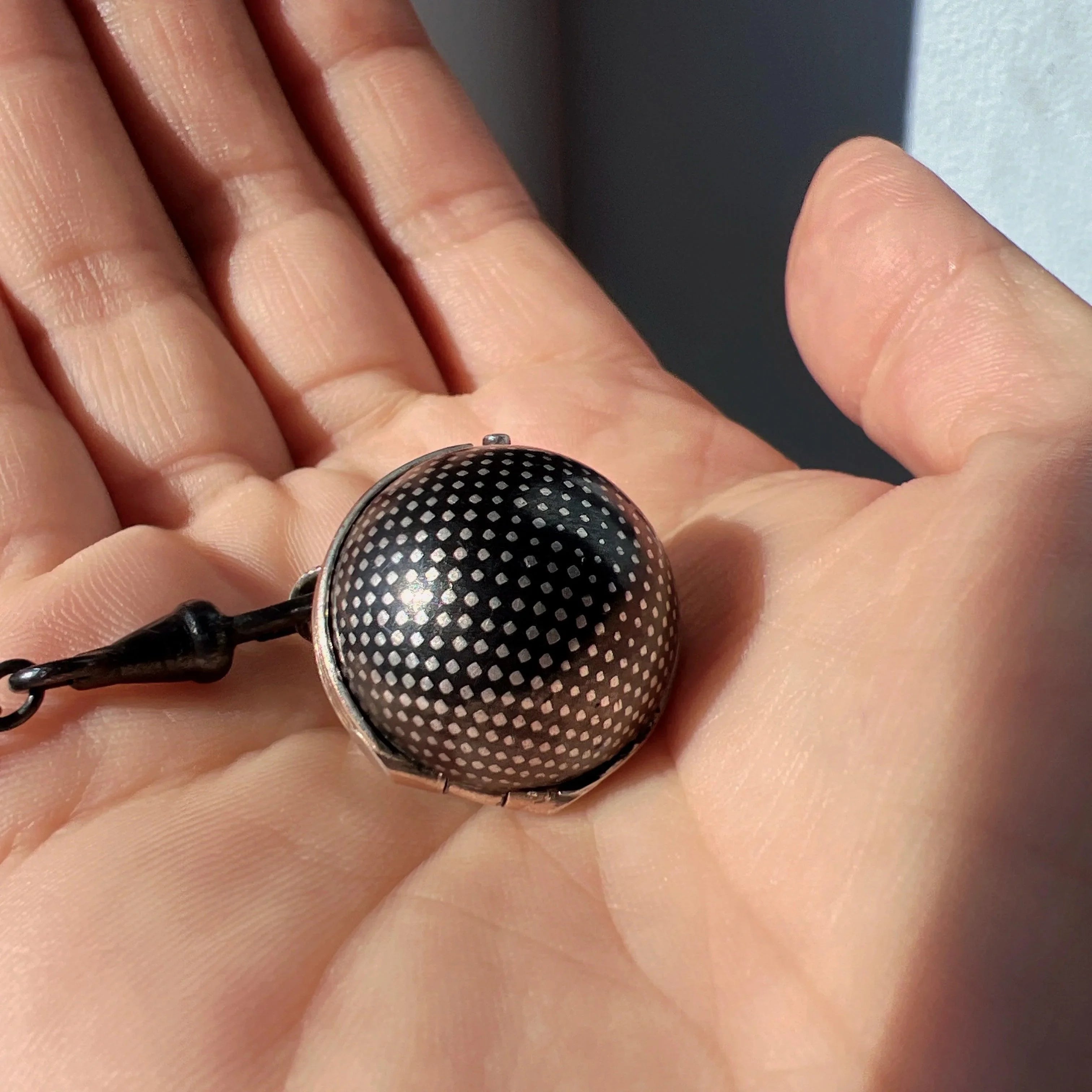 Victorian Niello Silver Orb Locket Pendant - Curiously timeless